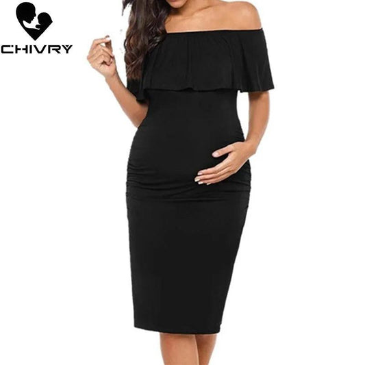 Chivry Pregnant Women Pregnancy Dress Fashion Short Sleeve Slash Neck - Basketlist