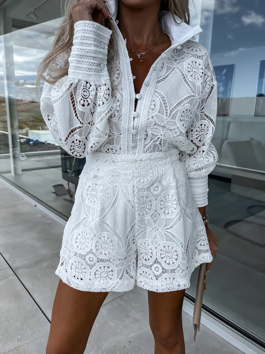 Single Breasted Lace Shorts Set - Basketlist