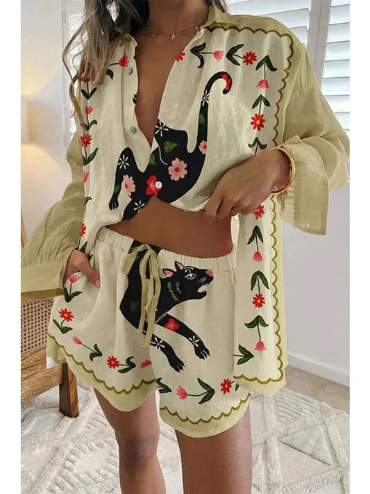 Lapel Printed Long Sleeved Shorts Suits Casual - Basketlist